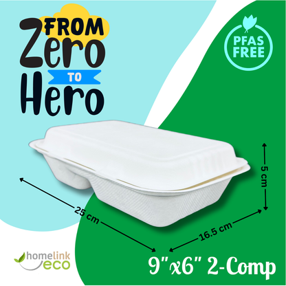 9x6" 2-Compartment Bagasse Clamshell
