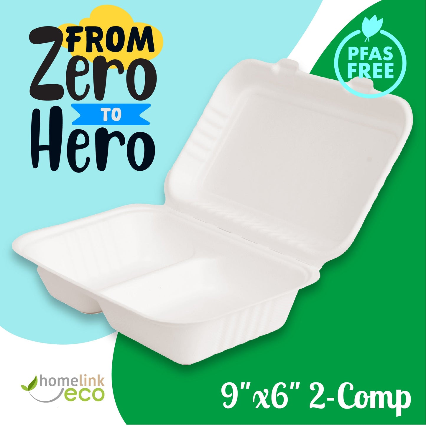 9x6" 2-Compartment Bagasse Clamshell