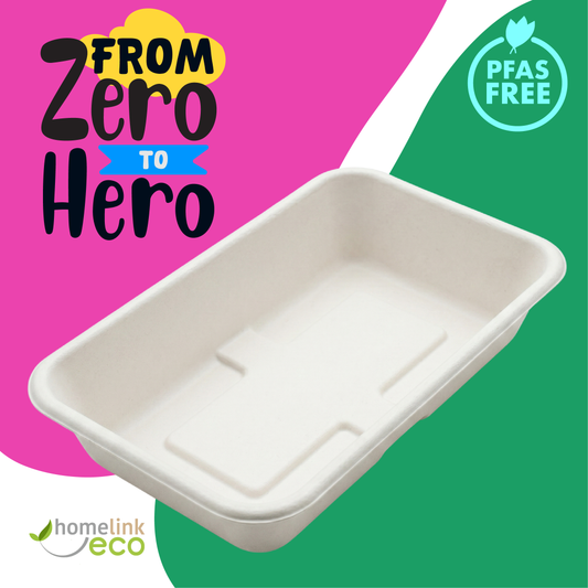 22 x 13.5cm Compostable Bagasse Deep Food Tray Bulk UK | Eco Biodegradable Serving Tray 730ml | PFAS-Free Sugarcane Tray for Catering & Street Food